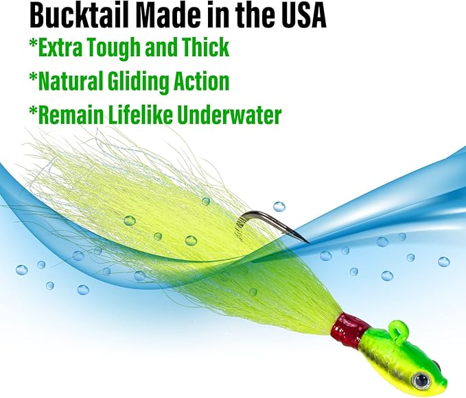 Dr.Fish 3 Pack Bucktail Jig Lure Hair Jig Saltwater Freshwater Lures Surf Fishing Bass Flounder Striper Bluefish Halibut Redfish