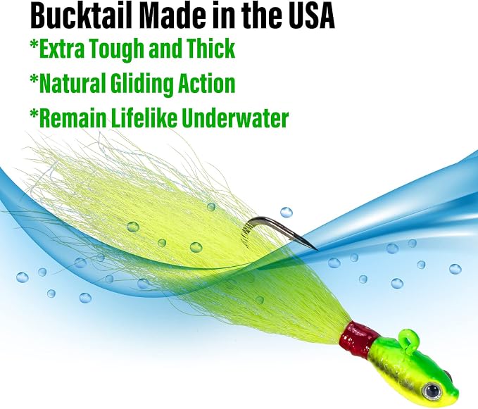 Dr.Fish 3 Pack Bucktail Jig Lure Hair Jig Saltwater Freshwater Lures Surf Fishing Bass Flounder Striper Bluefish Halibut Redfish