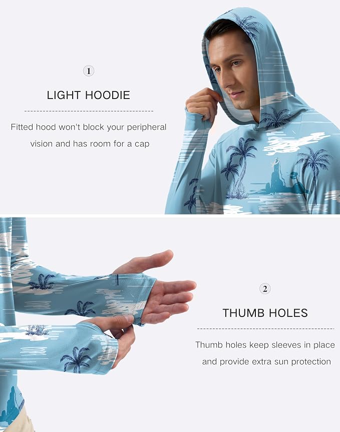 Pudolla Men's Sun Protection Hoodie Shirts UPF 50+ Rash Guard SPF Long Sleeve Fishing Shirt for Men Swim Hiking Boating