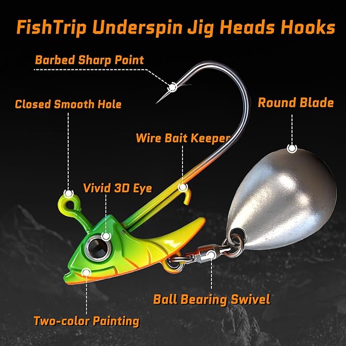 FishTrip Underspin Jig Heads Hooks - 1/4 oz,3/8 oz,1/2 oz Swimbait Jig Head with Spinner Blade for Fishing Saltwater Freshwater 5pcs