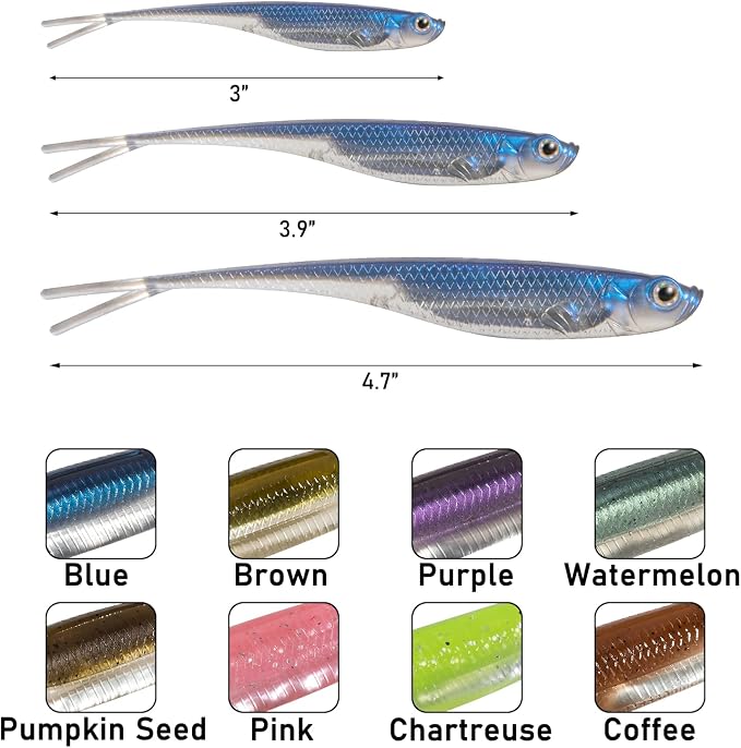 Dr.Fish Soft Plastic Baits, Fork Tail Soft Jerkbait Minnow Lures, 3 to 4-3/4 Inches Soft Swimbaits Jerk Shad Baits Crappie Bass Fishing Lures