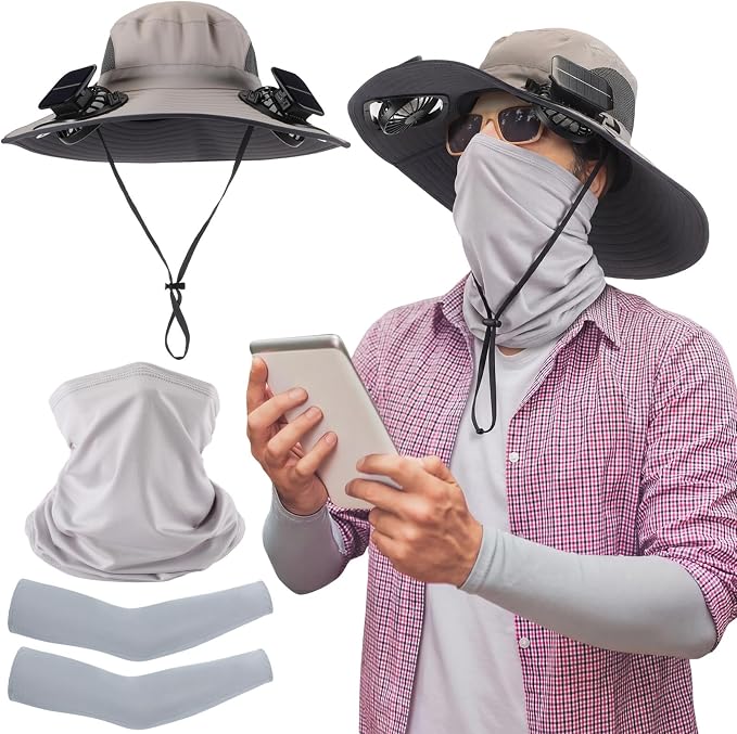 Syhood Solar Powered Fan Hat Neck Gaiter Arm Sleeves Sun Bucket Hat with Fan Cooling Wide Brim Hats for Fishing Hiking
