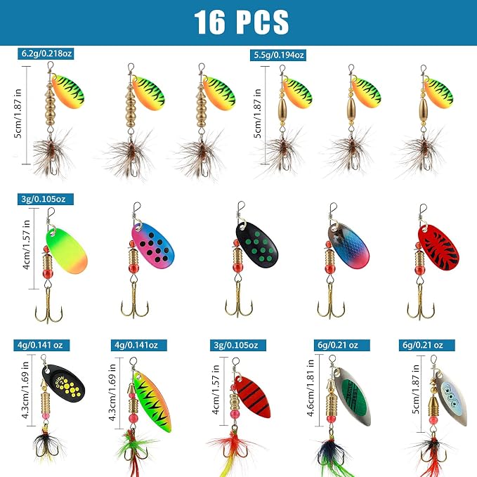 Fishing Spinner Lures Kit 10/15/16/20PCS, Inline Spinner Baits with Treble Hooks and Feather Tails, Metal Fishing Lures for Trout Bass Salmon Panfish, Multi-Color Freshwater Fishing Tackle Set