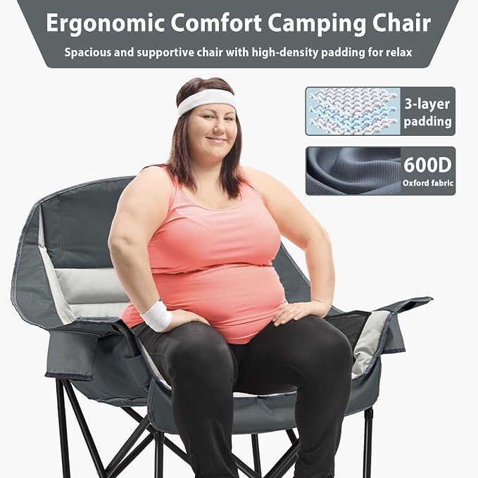 Youtanic Oversized Extra Large Padded Camping Chair, up to 400lbs, Folding Camping Chairs with Pocket, Carry Bag, Heavy Duty Outdoor Camp Chairs for Adults, Fishing, Sports, Trip, Light Gray-Gray