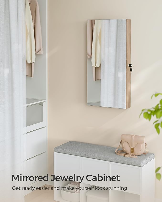 SONGMICS Mirror Jewelry Cabinet Armoire with Built-in LED Lights, Wall or Door Mounted Jewelry Storage Organizer, 3.8 x 14.6 x 26.4 Inches Hanging Mirror Cabinet, Gift Idea, Camel Brown UJJC050N01
