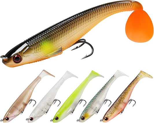 TRUSCEND Shadtale Easy Catch Soft Fishing Lures with BKK Hooks - Trembly Sinking and Vibrating Swim for More Bites, Pre-Rigged Swimbaits for Bass, Trout, Crappie, Walleye, Freshwater Saltwater Fishing