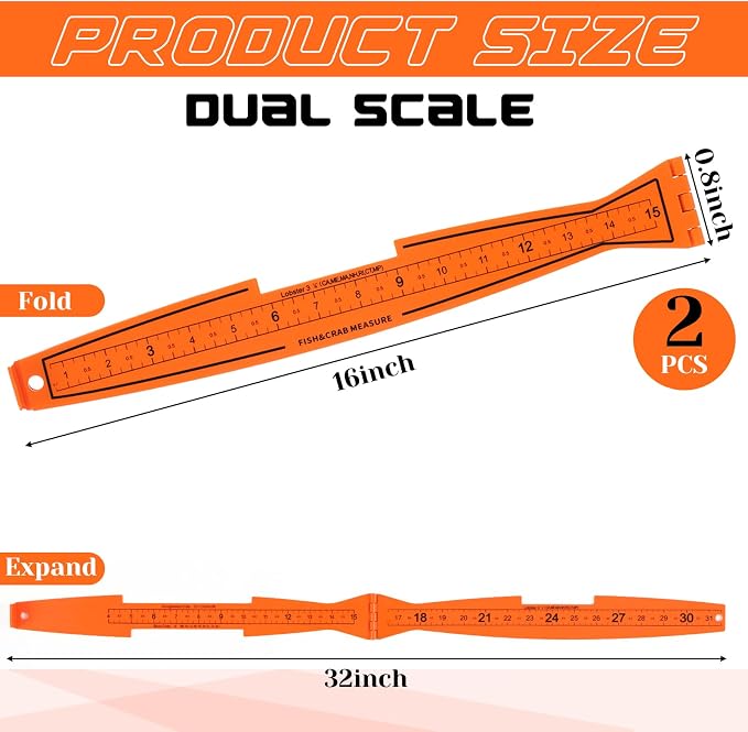 2 Pcs Foldable Fish Measuring Boards, Folding Fishing Rulers Unfolded 32 Inch Bump Board Fishing Rulers Folded to 16 Inch, Easy to Read, Portable Fish & Crab Measure Devices for Boat, Kayak, Orange
