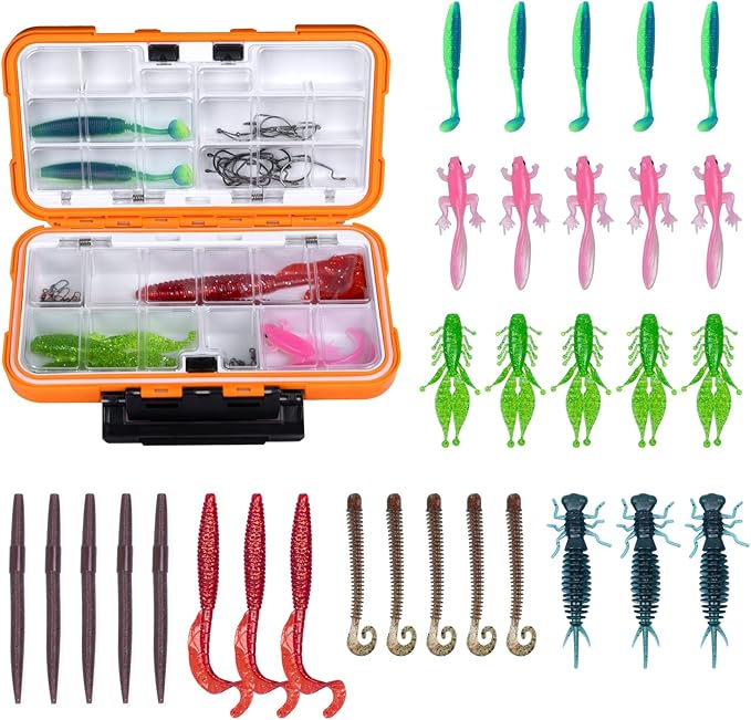 Clearance Bionics-Designed Durable Soft Plastic Fishing Lures Kit with Bonus Accessories, 3/4/5/6 Inch, 9-Type Lifelike Swimbaits in One Gear Set Included Tackle Box for Bass