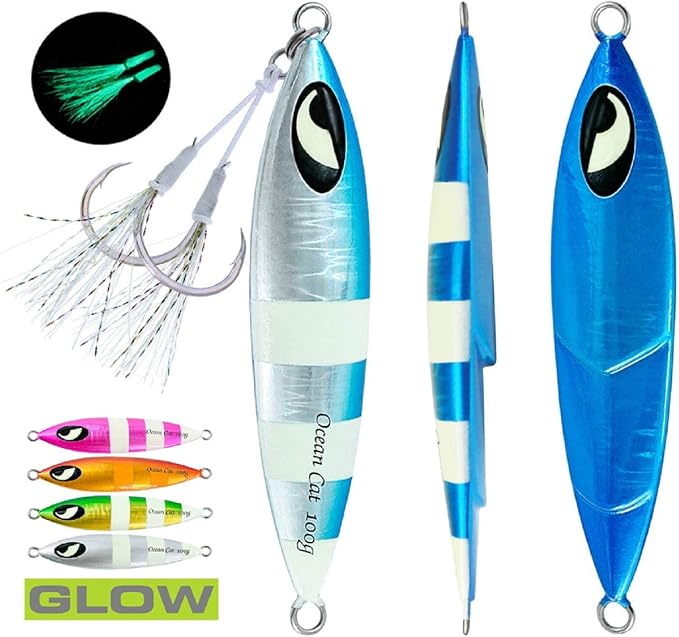 OCEAN CAT Lead Metal Flat Slow Fall Pitch Fishing Jigs Lures Sinking Vertical Jigging Bait with Butterfly Hook for Saltwater Fishing