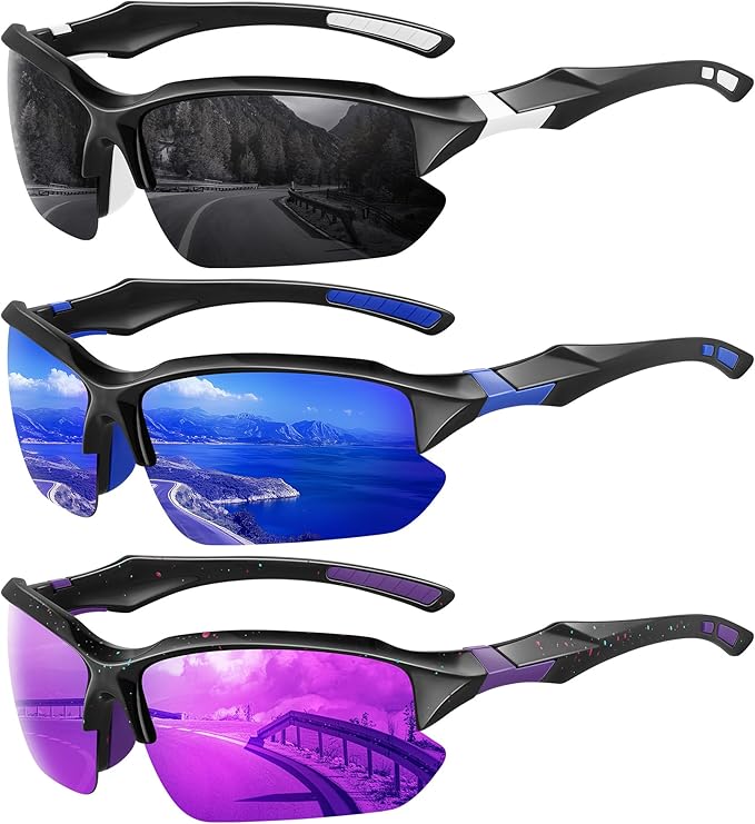 XVXV 3 Pack Polarized Sports Sunglasses for Men, UV Protection Half Frame Sunglasses Comfortable for Running Cycling Driving
