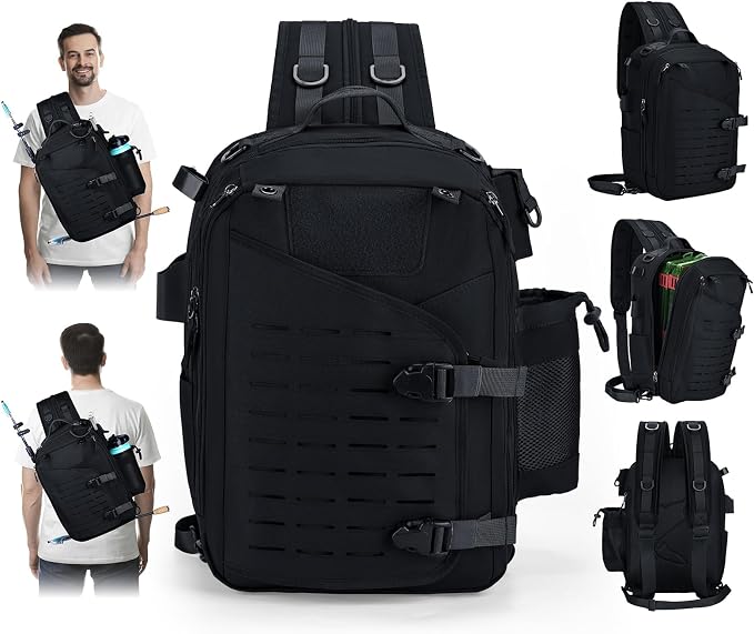 Goture Black Tackle Bag with Trays, Fishing Backpack for Men Professional Fishing Gear Organizer with MOLLE System, Rod Holder