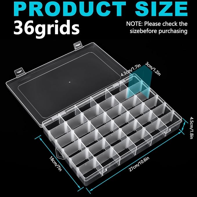 Clear Visible Plastic Storage Box with Removable Dividers, 36 Grids, Suitable for Jewelry, Screws Hardware Accessories Organizer, Crafts, Fishing Tackle