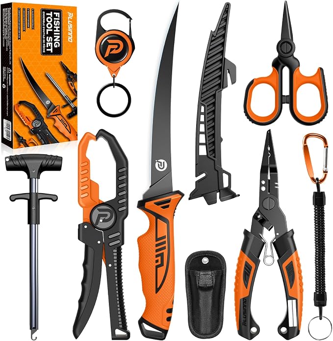 PLUSINNO Fishing Gear, Fishing Tools Kit, 7pcs Fishing Accessories, Corrosion Resistant Fishing Pliers, Fish Knife, Fish Lip Gripper, Fishing Gifts for Men