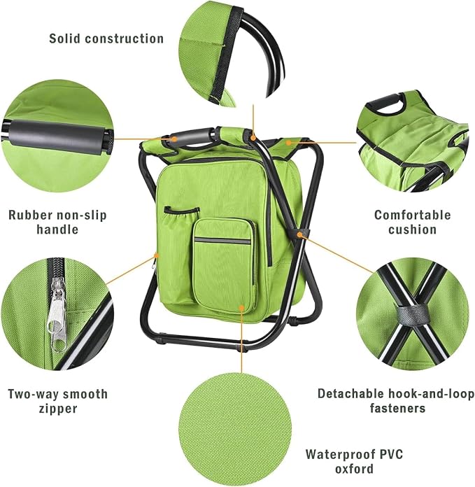 Kikerike Backpack Stool Cooler Chair Heavy Duty 300 LBS Max Load Portable Lightweight Stool Backpack Folding Fishing Cooler Seat for Camping Hunting Fishing - Grass Green