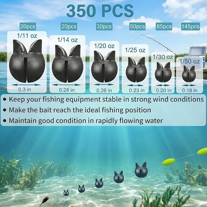 200/350 Pcs Premium Split Shot Fishing Weights Sinkers, Removable Leakproof Fly Fishing Split Shot for Freshwater & Saltwater， Bass Trout Circular Accessories - 5/6 Sizes