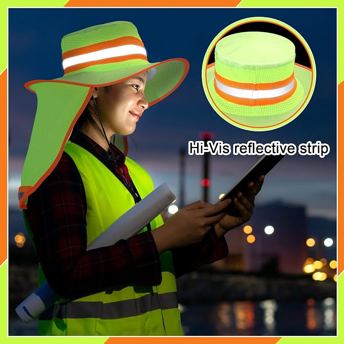 6 Pcs Reflective Safety Hat High Visibility Neck Flap Boonie Hat Wide Brim Work Hats Breathable Bucket Cap for Worker