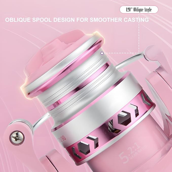 Lightweight Spinning Fishing Reel, Compact Pink Spinning Reel with 5.2:1 Gear Ratio for Freshwater and Saltwater Fishing in All Seasons