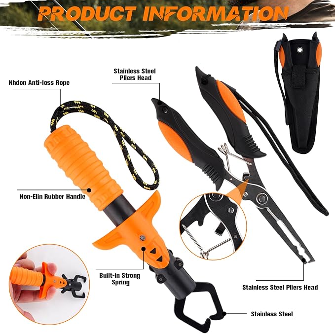 Hikary 10 Pcs Fishing Tool Kit,Folding Fishing Net Set with Storang Bag,Pliers with Lanyard and Protective Sheaths,Hook Remover,Fish Gripper,Fish Scale,Scissors for Fisherman Travel Gifts