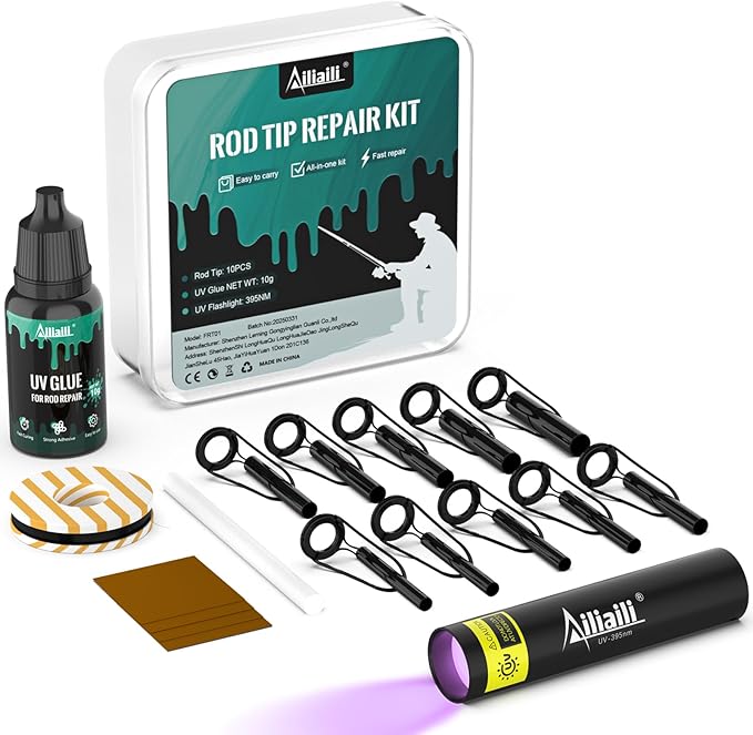 Fishing Rod Tip Repair Kit, Complete Supplies for Fishing Pole Tip Replacement with 10 Sizes Top Eyelets, Glue, UV Flashlight, Wrapping Thread, Easy&Quick Repair Broken Fishing Accessories