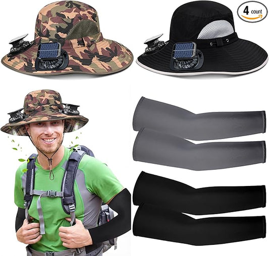 Glitopper 2 Set Wide Brim Solar Fan Hats with 2 Solar Fan and Arm Sleeves Set Outdoor Fishing Bucket Hat for Men Women Hiking