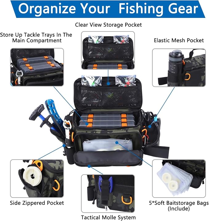 Fishing Tackle Bags with Tackle Box,Waterproof,Padded Shoulder Strap,Gear Storage,Fish Bag with 136 Pcs Fishing Lures Kit,Fish Hook Remover Tool,Fish Lip Gripper,Fishing Plier,Gifts for Men (Green)