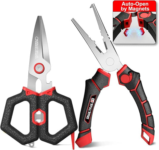 SNAIL TRAIL 7" Fishing Pliers & 6" Scissors Kit, Saltwater Hook Remover Tool Set, Serrated Blades Braided Line Cutter, Needle Nose Split Ring Fish Gear, Crimping Nipper for Fly, Fishing Gifts for Men