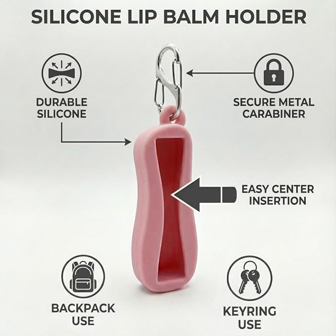 Cute Chapstick Holder keyring with Strap & Carabiner – Durable Silicone Lip Balm Keychain for Women & Backpacks (Pink)
