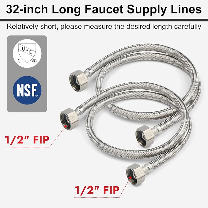Midanya Faucet Supply Lines,32" Stainless Steel Braided Water Supply Line, 1/2" FIP x 1/2" FIP Faucet Hose, Faucet Hose Connector x 2 Pcs (1 Pair)