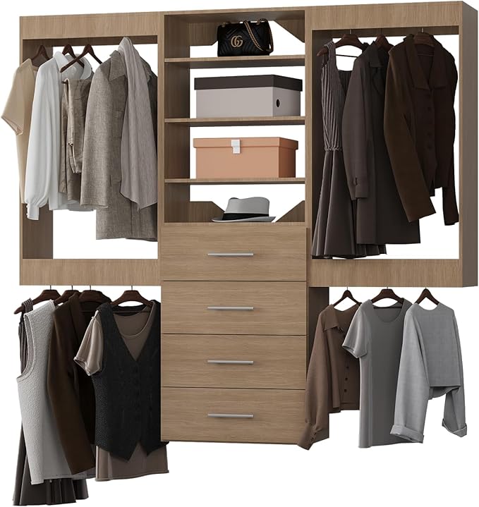 ROOMTEC Modular Closet System, 90" Wall-Mounted Closet Organizer with Drawers and Hanging Rods, Wooden Tower for Walk-In Closets, Wardrobe Storage Kit, Wood