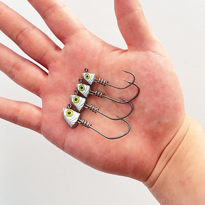 Screw Lock Swimbait Jig Heads 15 Pack, 3D Chartreuse Eyes & Sharp Hooks, Lead Fishing Jigheads for Bass Fishing, 1/8oz, 3/16oz, 1/4oz, 3/8oz