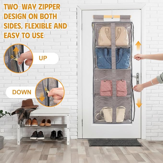 Silkfly 2 Pack Hanging Purse Organizer for Closet Clear Handbag Storage Hanger with Zipper Holder over The Door Wardrobe Tote Bag Storage Holder for Bedrooms Living Room (Brown)