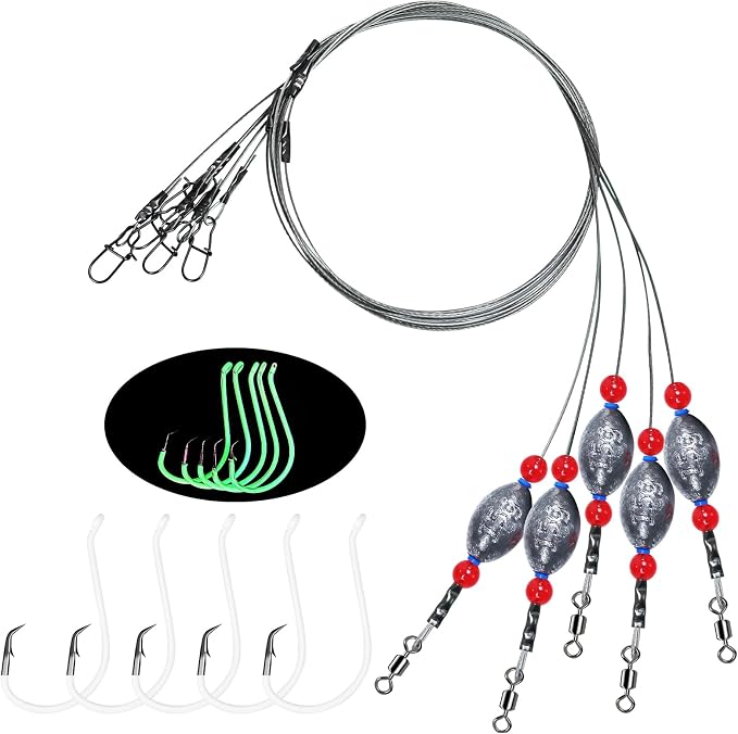 Fishing Egg Sinker with Soft Plastic Core Weight Rigs 5pcs Flounder Rig Saltwater,176.37lb Fishing Wire Leader with Egg Sinker Swivels Snap, Grouper Bottom Fishing Rigs