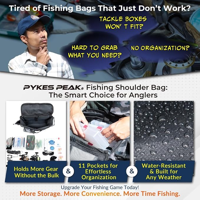 PYKES PEAK Fishing Bag | Waterproof Tackle Bag with Large Capacity | Includes 6 Carabiners | Versatile Fishing Shoulder Bag | Black | L Size - Designed in Japan