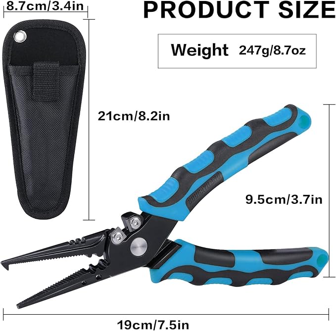Sougayilang Fishing Pliers,Sheath and Lanyard Tungsten Carbide Cutters,420 Stainless Steel Fishing Tools,Saltwater Resistant Fishing Gear with Rubber Handle-7.5'' Split Ring Nose - Blue