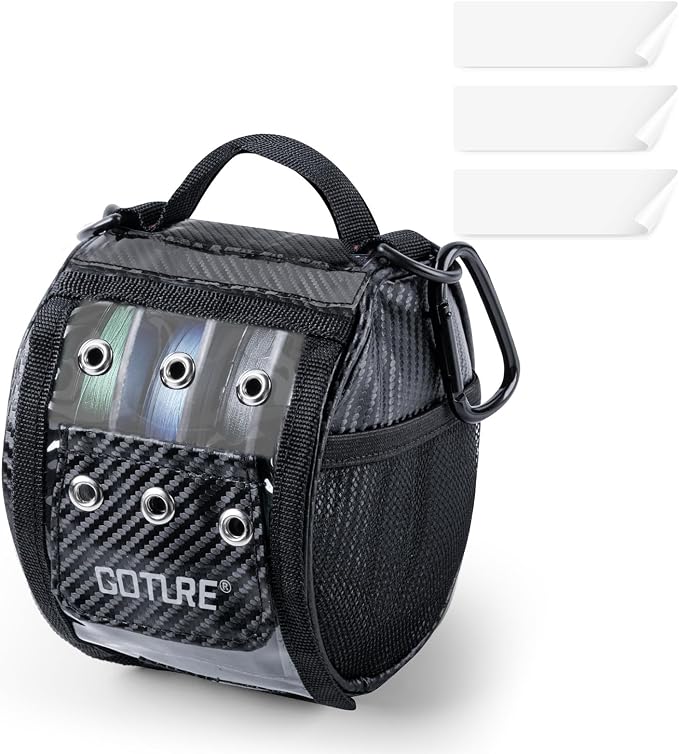 Goture 3/6 Outlet Holes Fishing Line Storage Bag, 2 Sizes Clear View Window Fishing Line Case, Removable Divider Fishing Line Organizer, Water-Resistant Surface, Tangle-Free Leader Line Spool Bag