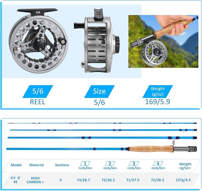 Sougayilang Fly Fishing Combo, 4 Piece Fly Rod and CNC Machined Aluminum Alloy Reel Complete Starter Package with Rod Bag