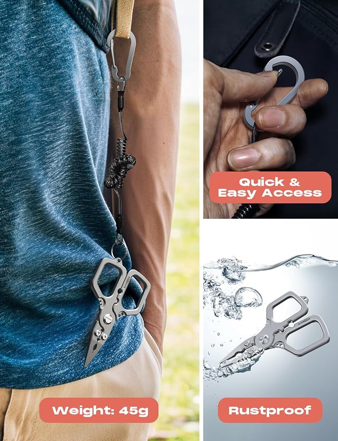 HOOK-EZE Multi-Function Fishing Pliers, Saltwater Resistant Fishing Scissors, Tungsten Cutters, Knot Tying Tool with Lanyard, Split Ring Hook Remover, Gifts for Men