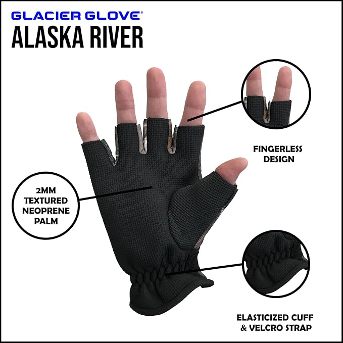 Glacier Glove Unisex Alaska River Fingerless Lightweight Breathable Non-Slip Grip Fishing Gloves with Elasticized Cuffs | for Outdoors, Fly Fishing, Paddling, Hiking
