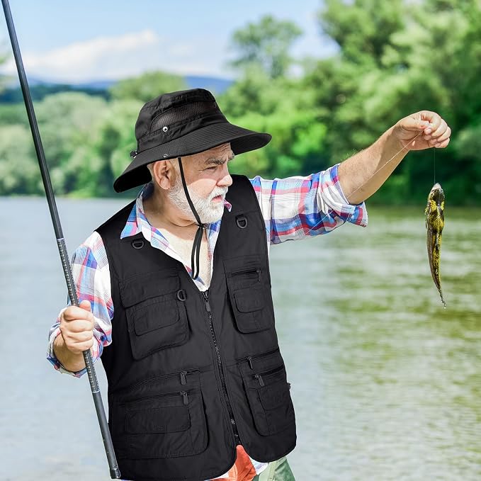 Janmercy 2 Pieces Men's Work Fishing Vest with Hat Lightweight Safari Travel Hunting Waistcoat With Multi Pockets Fishing Hat