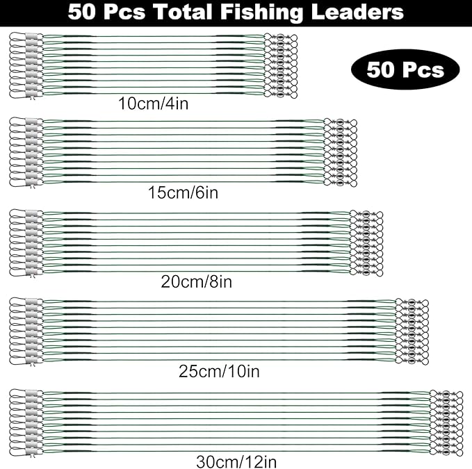 Realure 50Pcs Stainless Steel Fishing Leaders with Swivels Snap Connect Kit High Strength Fish Line Wire Leaders for Fishing Saltwater 4/6/8/10/12inch Fishing Wire Leader Line for Lure Bait Rig Hooks