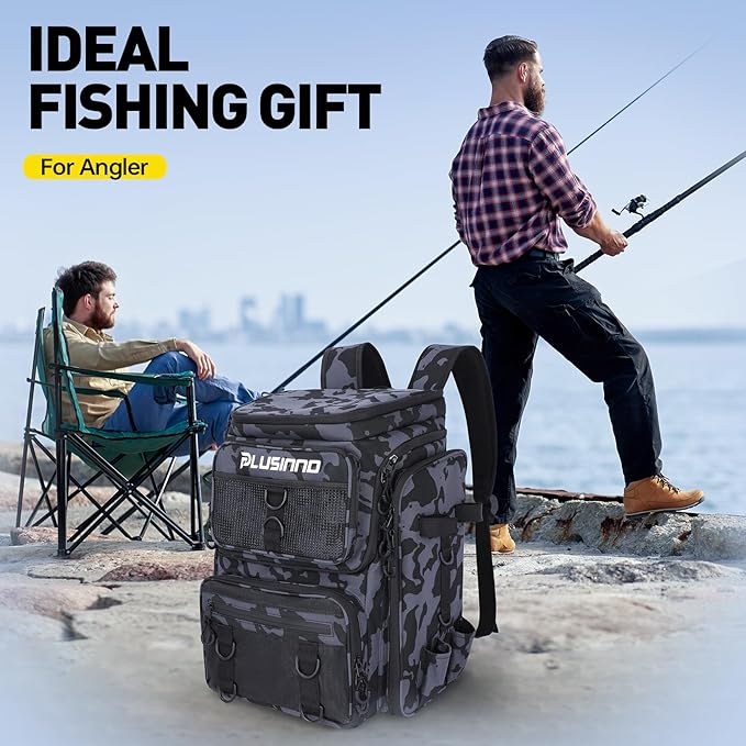 PLUSINNO Fishing Backpack with Fishing Rod Gear Holders Tackle Box, 42L Large Water-resistant Tackle Backpack Store Tools, Gear