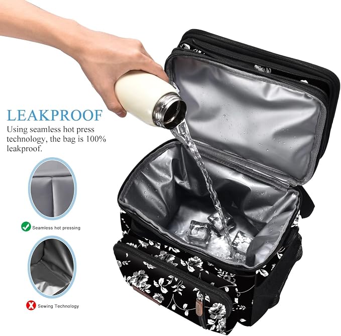 MIYCOO Lunch Bag & Lunch Box for Women Men, Double Deck Leakproof Insulated Soft Large Adult Camping Cooler bag for Work, Beach, Picnic, Travel (White Flower, 15L)