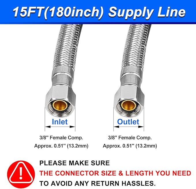 15FT Stainless Steel Braided Water Supply Line for Dishwasher, Brass 3/8 Inch Compression x 3/8 Inch Compression Connections, Food Grade PEX Inner Tube Water Hose