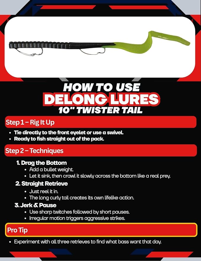 Delong Lures Fishing Lures Bass Set, 10" Pre-Rigged Weedless Swim Bait, Twister Tail Bass Fishing Lures, Extra Durable Soft Plastic Baits for Freshwater - 5 pcs Bass Baits and Lures Pack, Made in USA