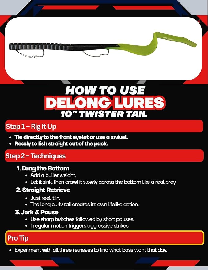 Delong Lures Fishing Lures Bass Set, 10" Pre-Rigged Weedless Swim Bait, Twister Tail Bass Fishing Lures, Extra Durable Soft Plastic Baits for Freshwater - 5 pcs Bass Baits and Lures Pack, Made in USA