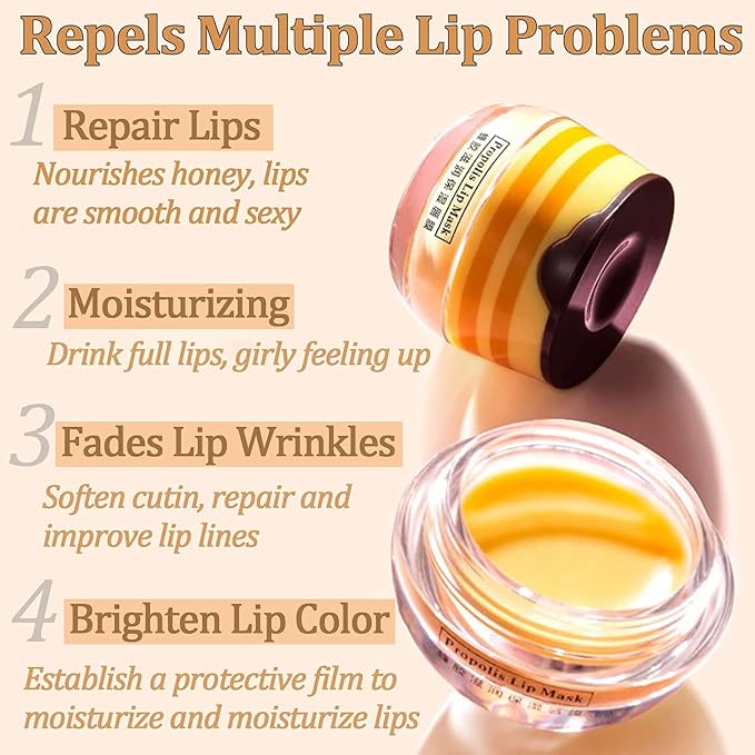 Bee Lip Balm Honey Pot, 4 Pack Honey & Strawberry Lip Mask Propolis Lip Mask Moisturizing Hydrating Prevention Dry and Cracked Lip Scrubs Exfoliator (2 Honey+2 Strawberry) (D#)