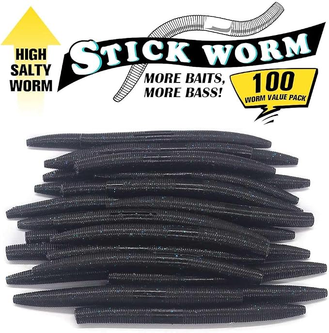 Wacky Worms Soft Plastic for Bass Fishing Lures–100 Pack 4" & 5" Stick Baits Wacky, Texas, Neko & Drop Shot Rigs–Bulk Soft Lure