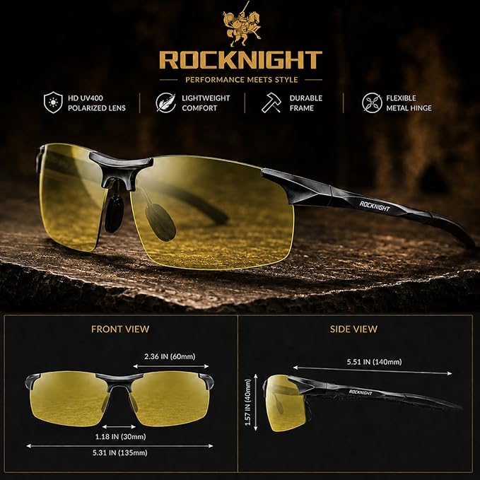 ROCKNIGHT Polarized Rectangular Sunglasses for Men Driving UV400 Protection Lightweight Al‑Mg Frame