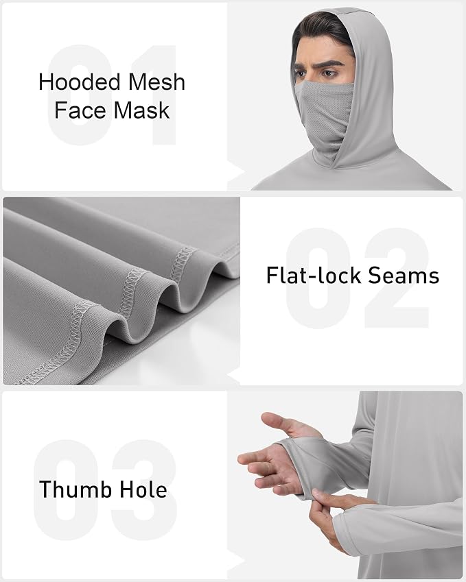 FISHEAL Men's Performance Fishing Hoodie Shirt - UPF 50+ Sun Protection Long Sleeve Thumbholes Shirts with Neck Gaiter
