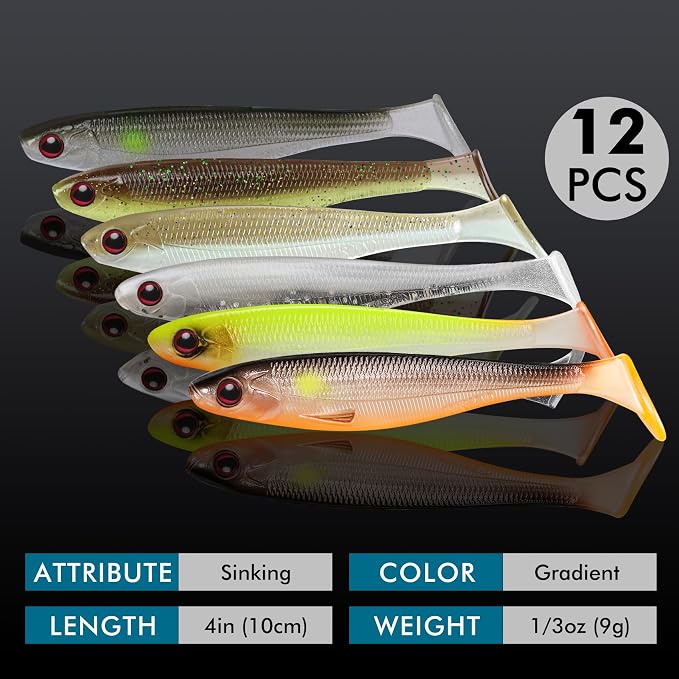 TRUSCEND Shadtale Easy Catch Soft Fishing Lures, Unique Vibration and Action for Various Rigs, Paddle Tail Swimbaits Trailer for Bass, Trout, Crappie, Walleye, Redfish, Saltwater & Freshwater Fishing